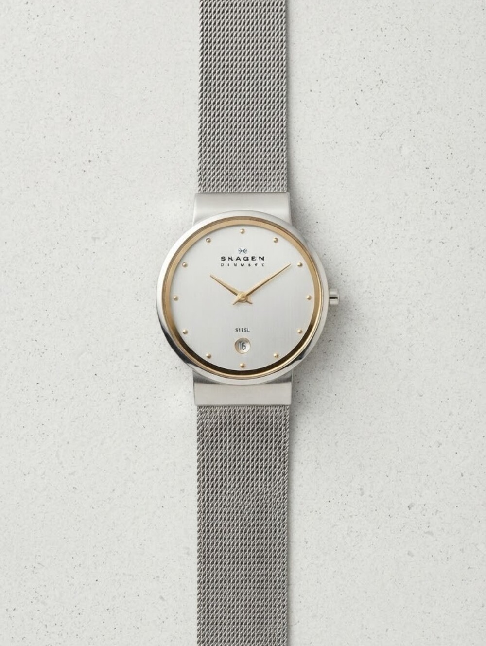 Skagen Two-Tone Gold & Silver Mesh Band Watch White Dial Date Window